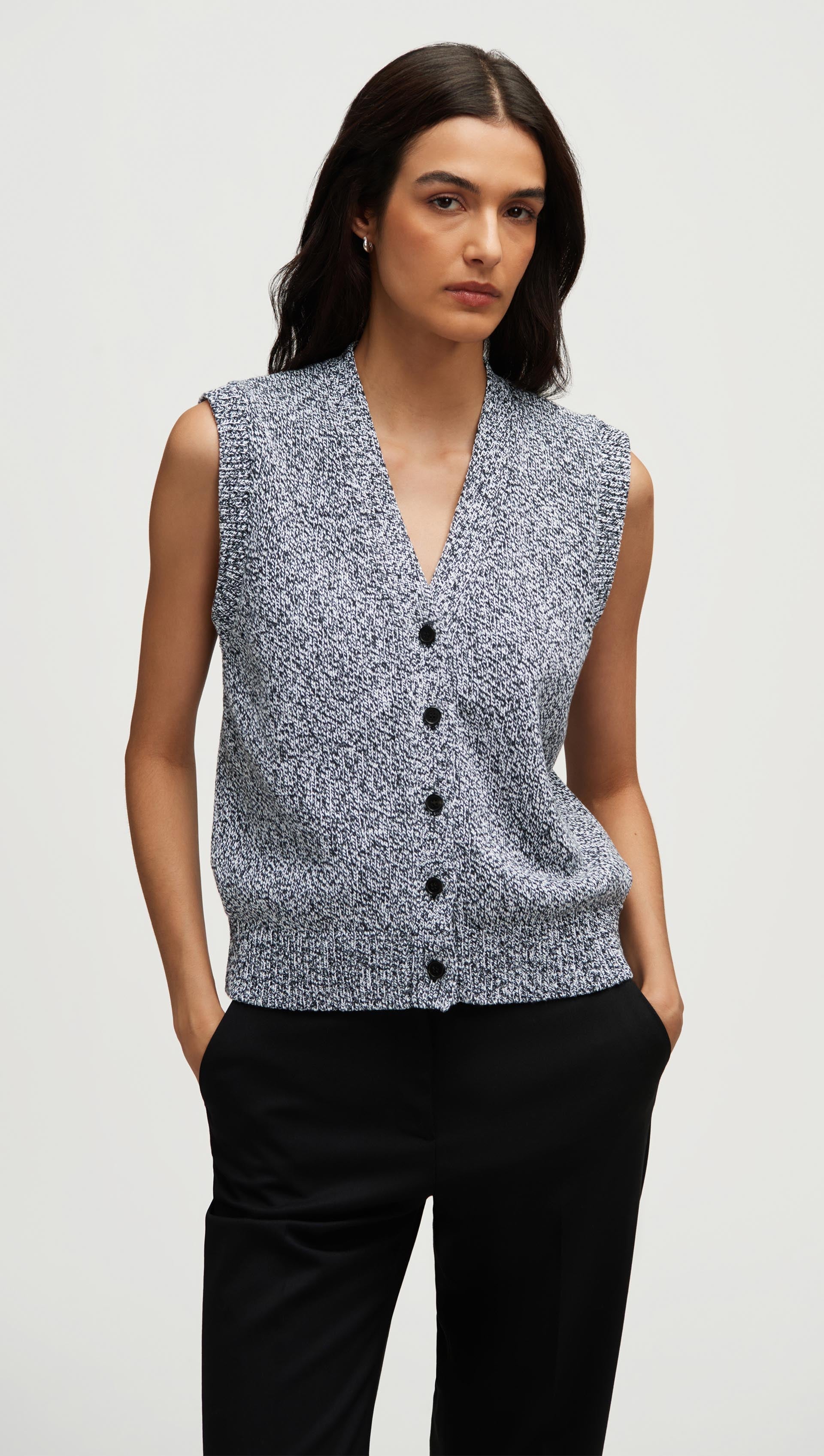 Knit Button Vest in Cotton | Black Multi