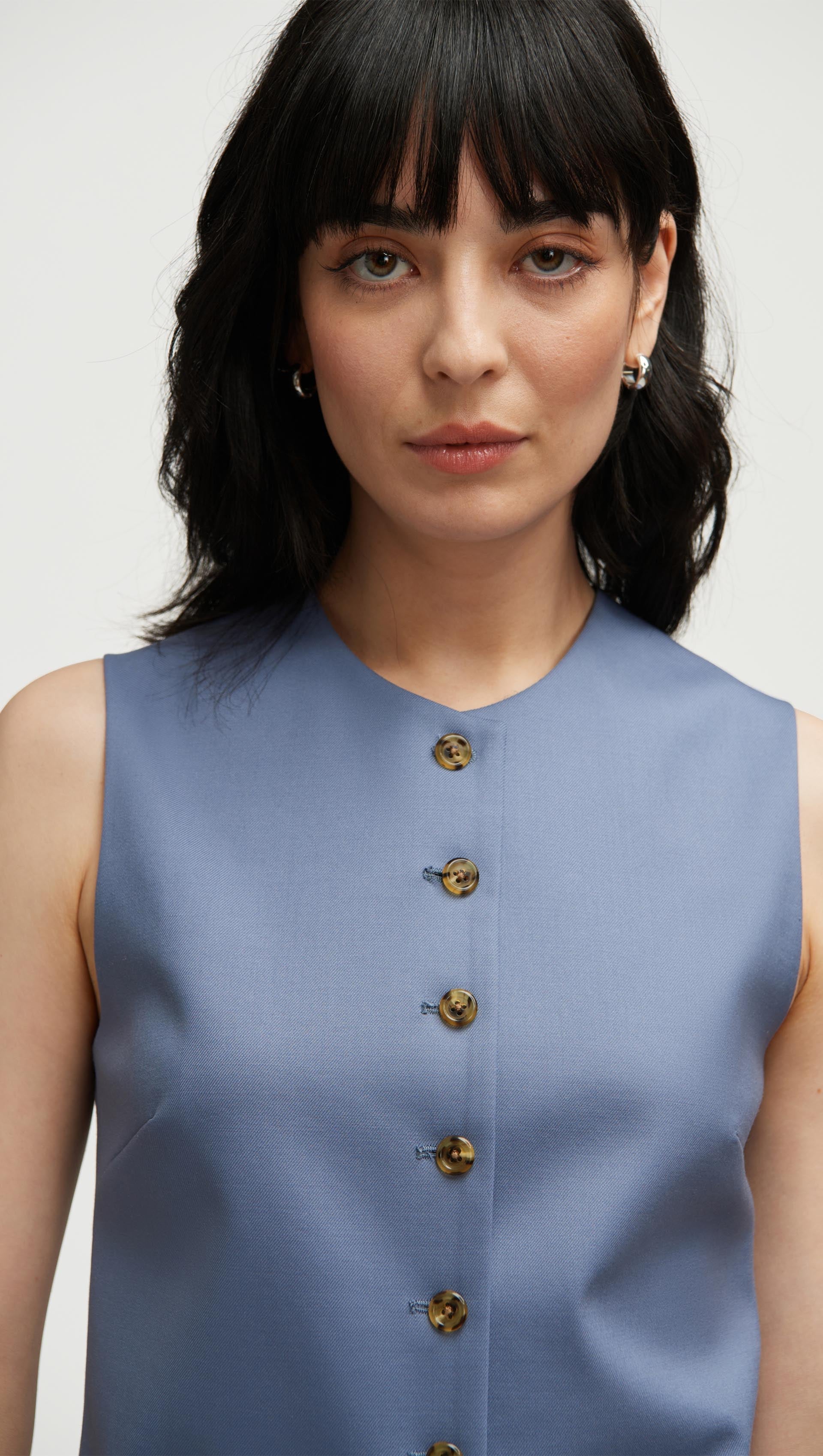 High-Neck Button Waistcoat in Seasonless Wool | Powder Blue
