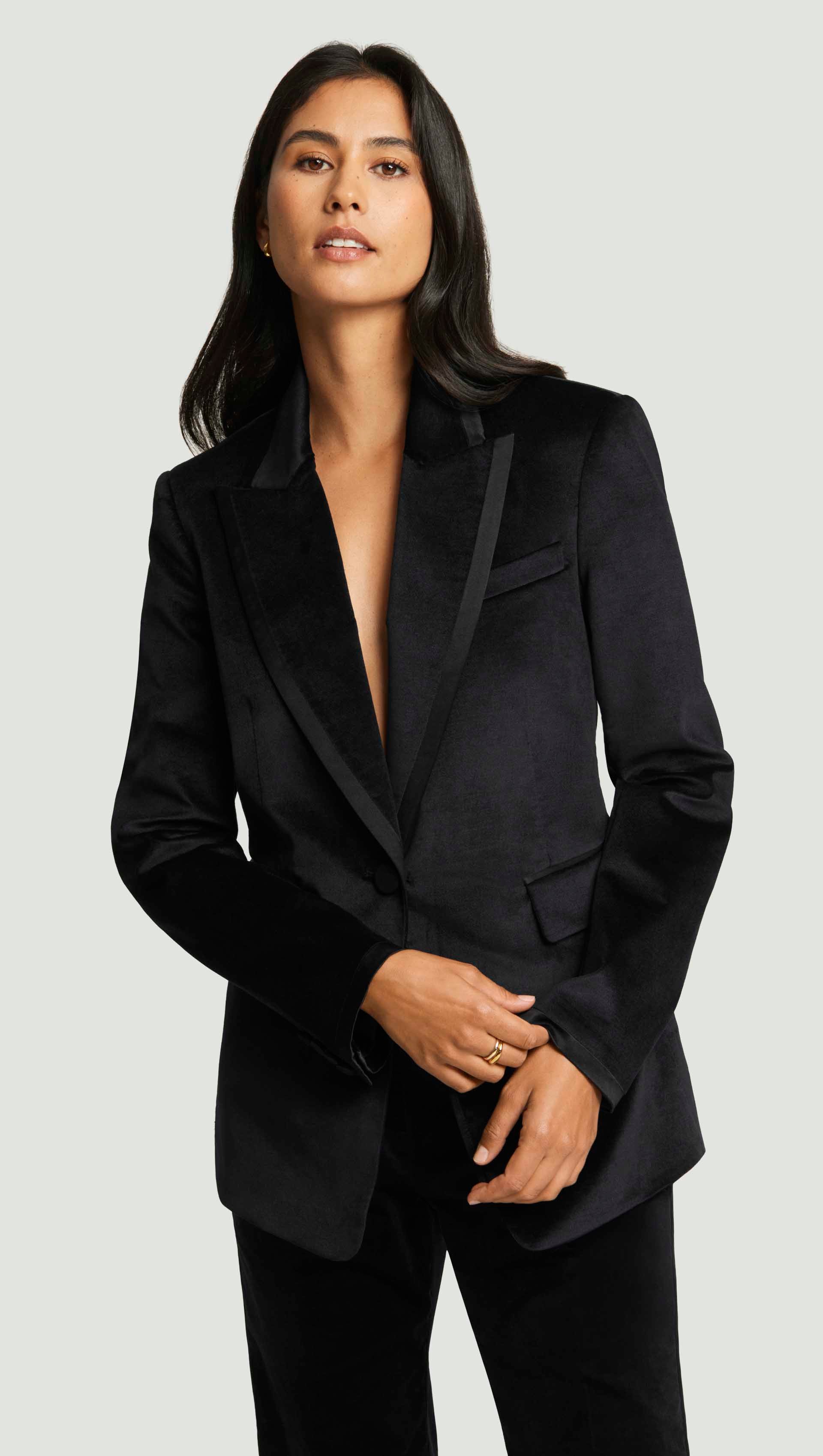 Sculpted Blazer in Velvet w/Satin Detail | Black