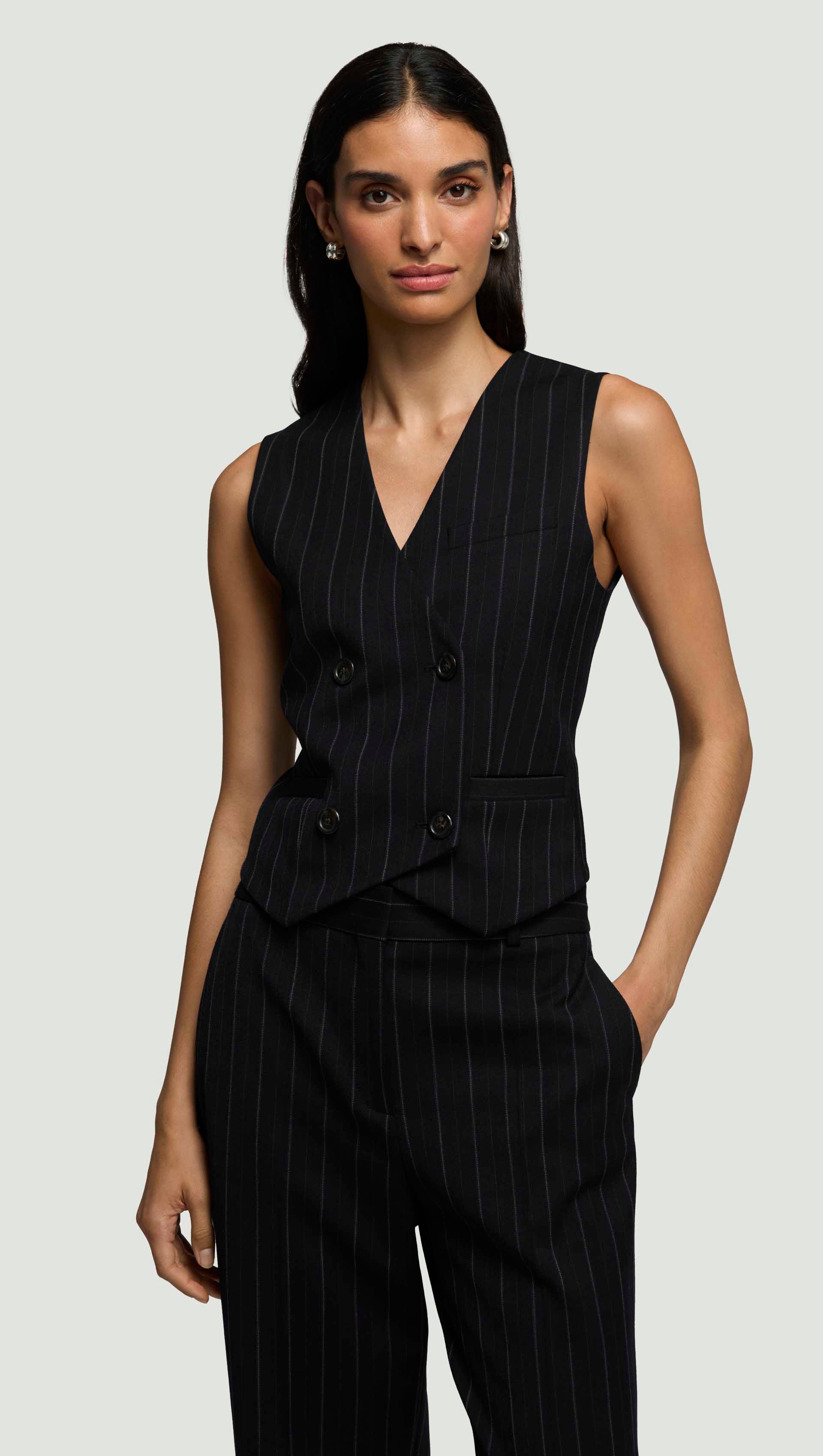 Double-Breasted Waistcoat in Stretch Wool | Herringbone Midnight Stripe