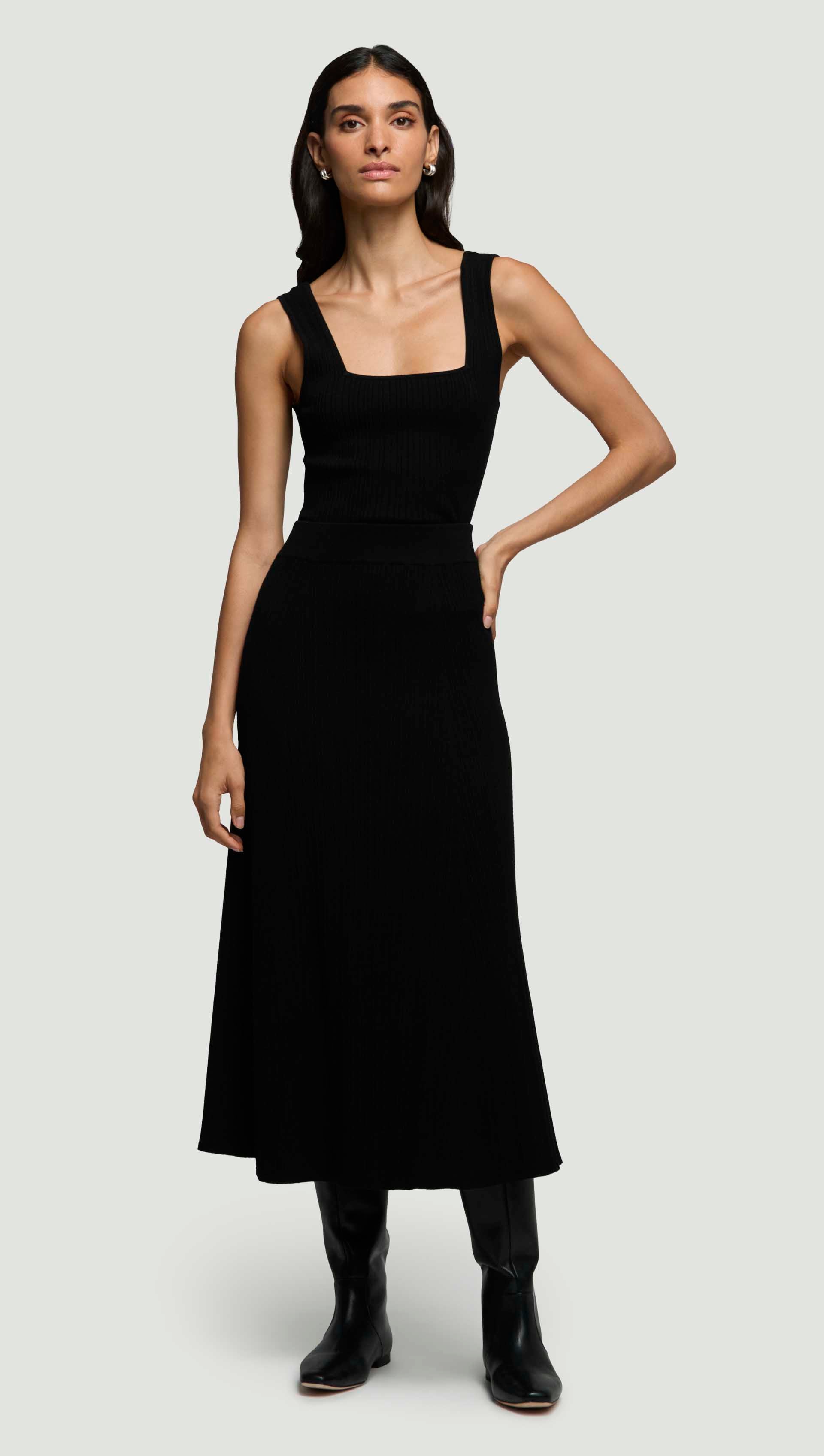 Ribbed Flare Skirt in Variegated Rib Stretch | Black