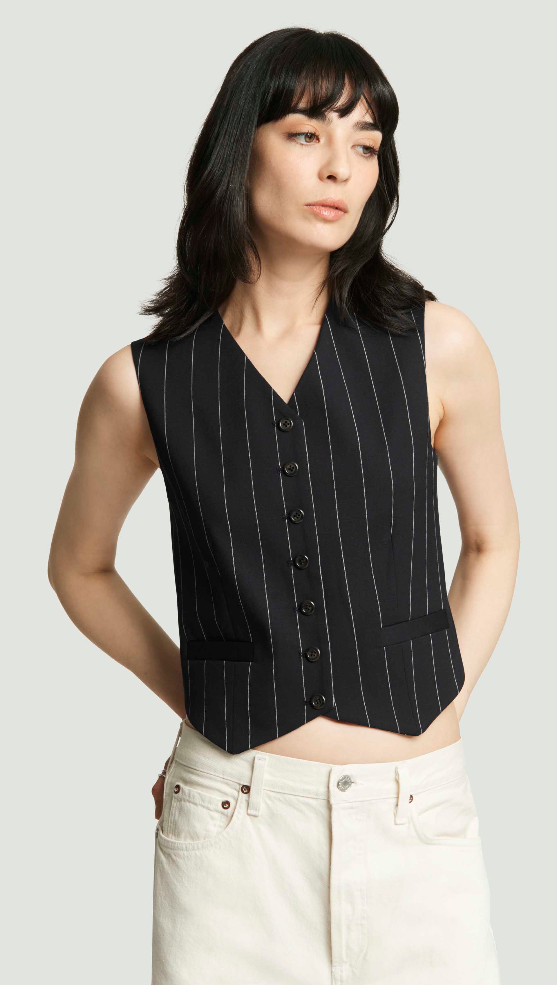 Shallow V-Neck Waistcoat in Stretch Wool | Navy Pinstripe