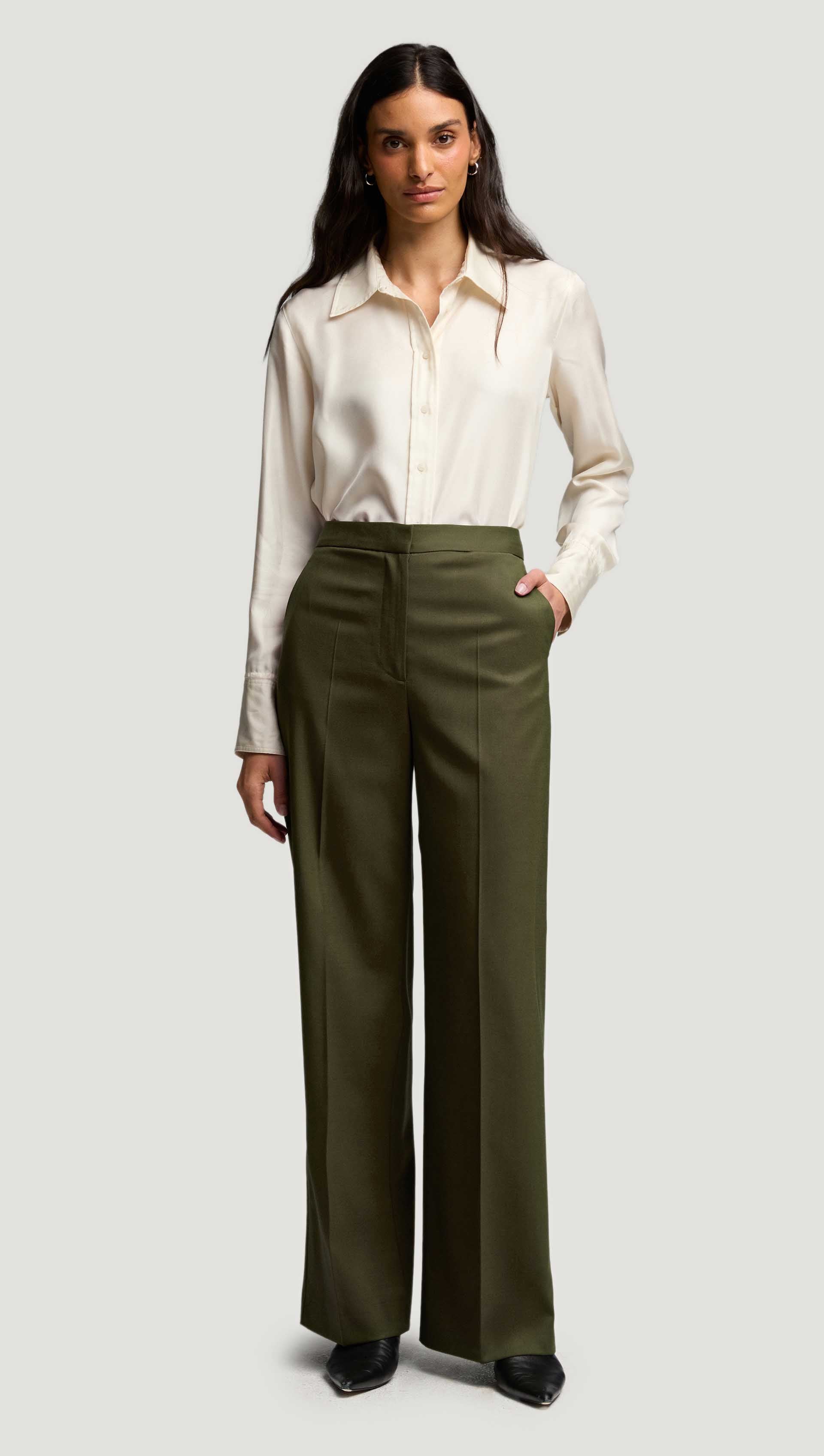 Wide Leg Trouser in Seasonless Wool | Olive